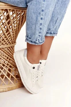 Damskie Skórzane Tenisówki Logowana Podeszwa Big Star GG274194 Białe