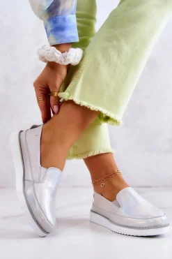 Damskie Skórzane Tenisówki Slip-On S.Barski Holograficzne Srebrne