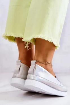 Damskie Skórzane Tenisówki Slip-On S.Barski Holograficzne Srebrne