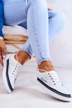 Damskie Skórzane Tenisówki Biało-Granatowe Cloesa