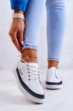 Damskie Skórzane Tenisówki Biało-Granatowe Cloesa