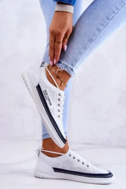 Damskie Skórzane Tenisówki Biało-Granatowe Cloesa