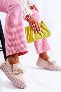Damskie Skórzane Tenisówki Slip-On Z Ozdobą Beżowe Mirana
