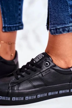 Damskie Skórzane Tenisówki Logowana Podeszwa Big Star GG274193 Czarne