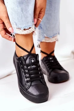 Damskie Skórzane Trampki Czarne Mega