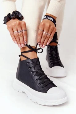 Damskie Skórzane Trampki Na Dużej Podeszwie Czarne Trissy