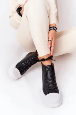 Damskie Skórzane Trampki Na Dużej Podeszwie Czarne Trissy