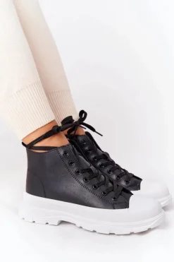 Damskie Skórzane Trampki Na Dużej Podeszwie Czarne Trissy