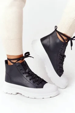 Damskie Skórzane Trampki Na Dużej Podeszwie Czarne Trissy