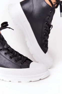 Damskie Skórzane Trampki Na Dużej Podeszwie Czarne Trissy