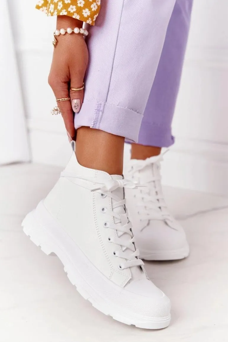 Damskie Skórzane Trampki Na Dużej Podeszwie Białe Trissy