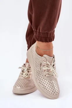 Damskie Skórzane Trampki Sportowe Buty Złote Brumia