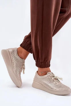 Damskie Skórzane Trampki Sportowe Buty Złote Brumia