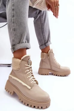 Damskie Skórzane Trapery Botki Beżowe Lemar Vergo