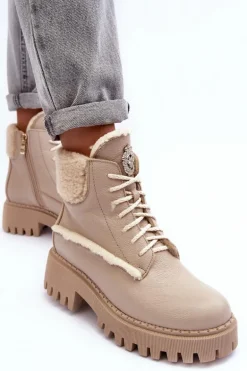 Damskie Skórzane Trapery Botki Beżowe Lemar Vergo