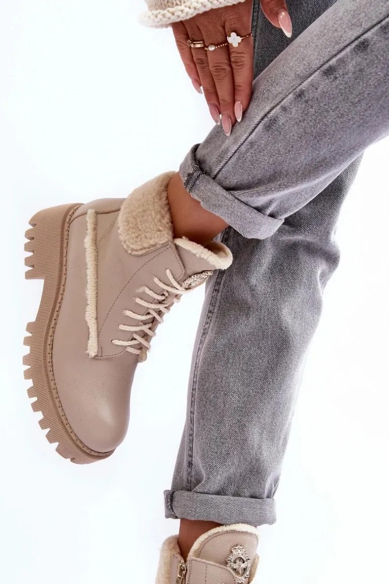 Damskie Skórzane Trapery Botki Beżowe Lemar Vergo