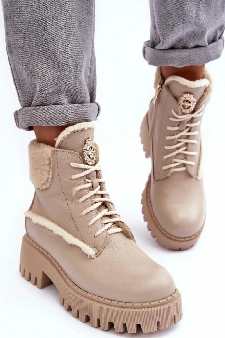 Damskie Skórzane Trapery Botki Beżowe Lemar Vergo