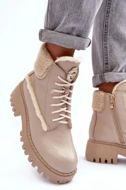 Damskie Skórzane Trapery Botki Beżowe Lemar Vergo