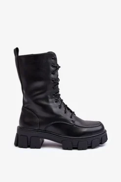 Damskie Skórzane Trapery Botki Na Suwak Czarne Igorfa