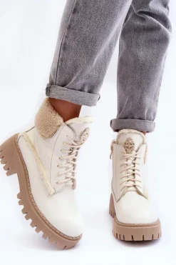 Damskie Skórzane Trapery Botki Kremowe Lemar Vergo