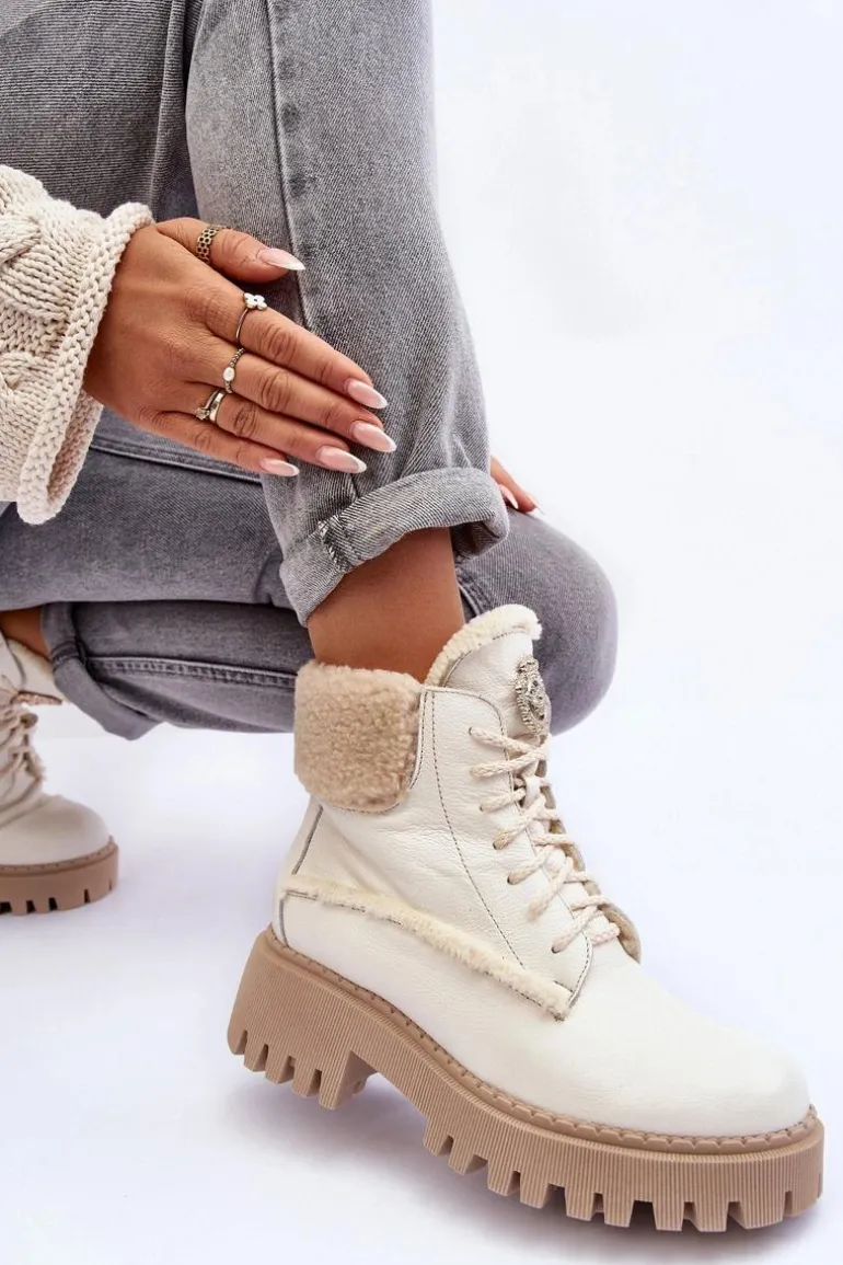 Damskie Skórzane Trapery Botki Kremowe Lemar Vergo