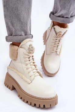 Damskie Skórzane Trapery Botki Kremowe Lemar Vergo