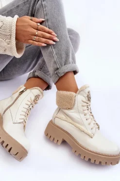Damskie Skórzane Trapery Botki Kremowe Lemar Vergo