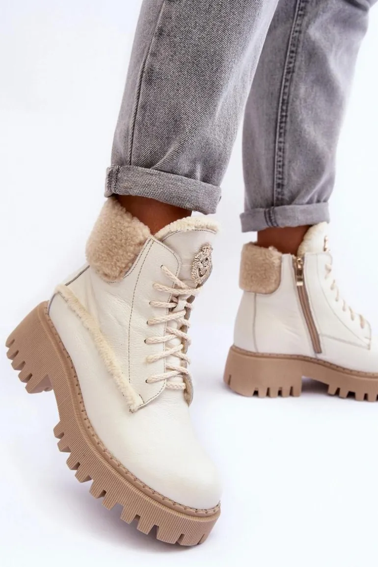 Damskie Skórzane Trapery Botki Kremowe Lemar Vergo