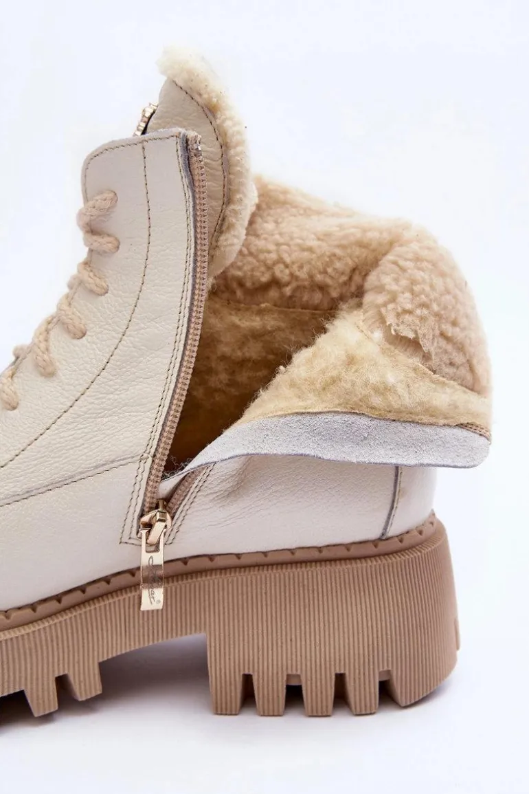 Damskie Skórzane Trapery Botki Kremowe Lemar Vergo