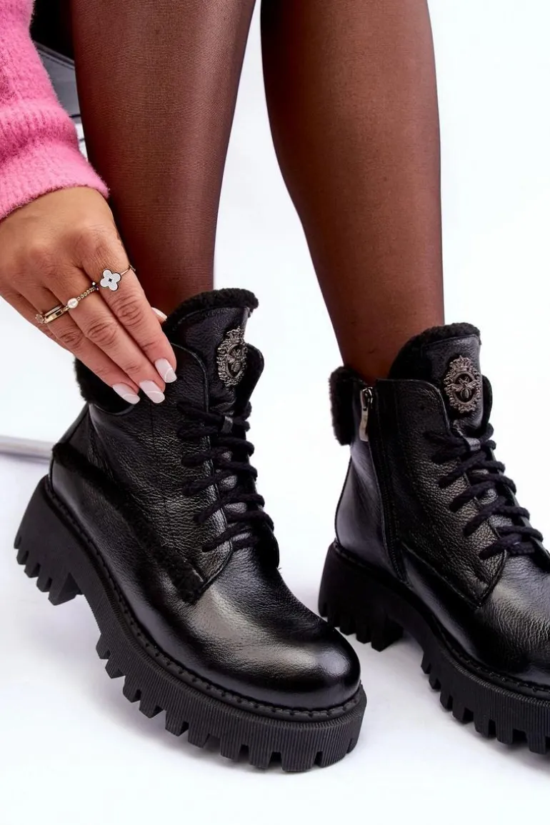 Damskie Skórzane Trapery Botki Czarne Lemar Vergo - Wzór 2