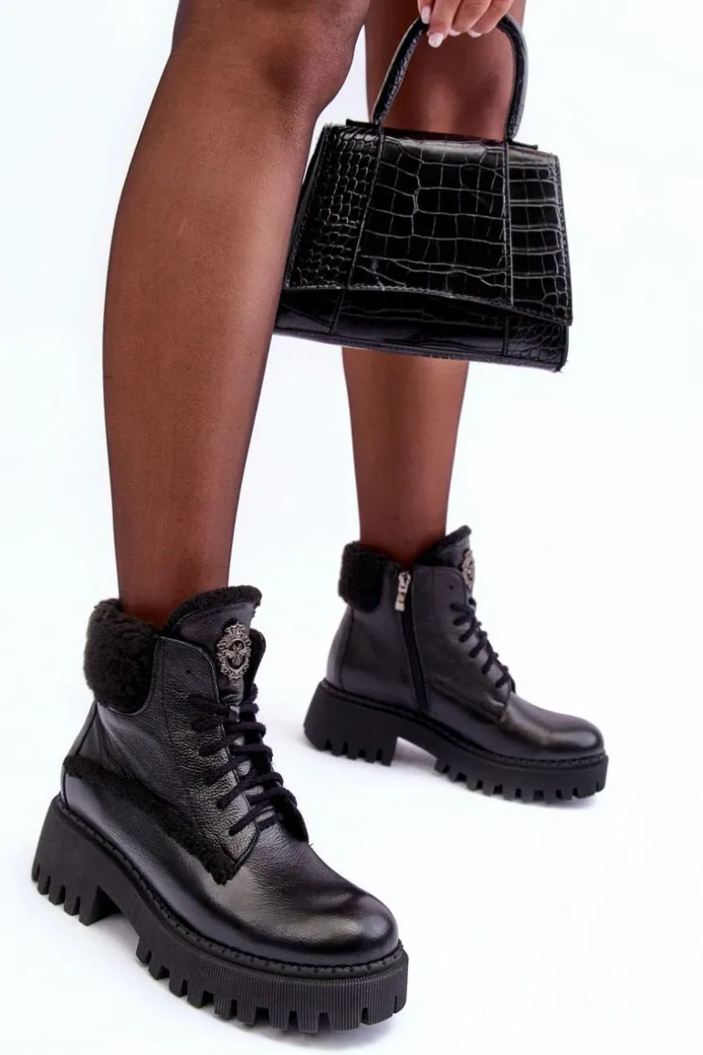 Damskie Skórzane Trapery Botki Czarne Lemar Vergo - Wzór 2