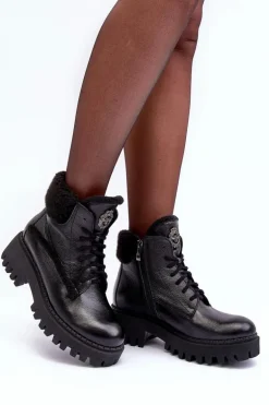 Damskie Skórzane Trapery Botki Czarne Lemar Vergo - Wzór 2