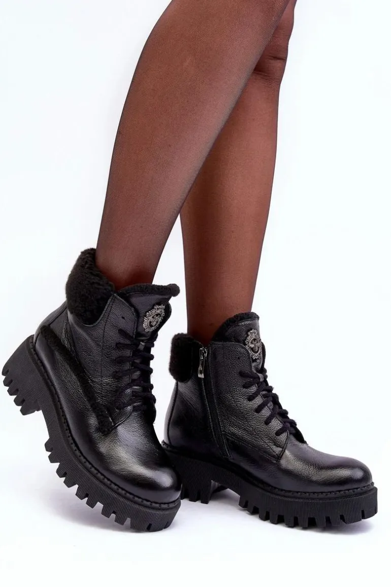 Damskie Skórzane Trapery Botki Czarne Lemar Vergo - Wzór 2