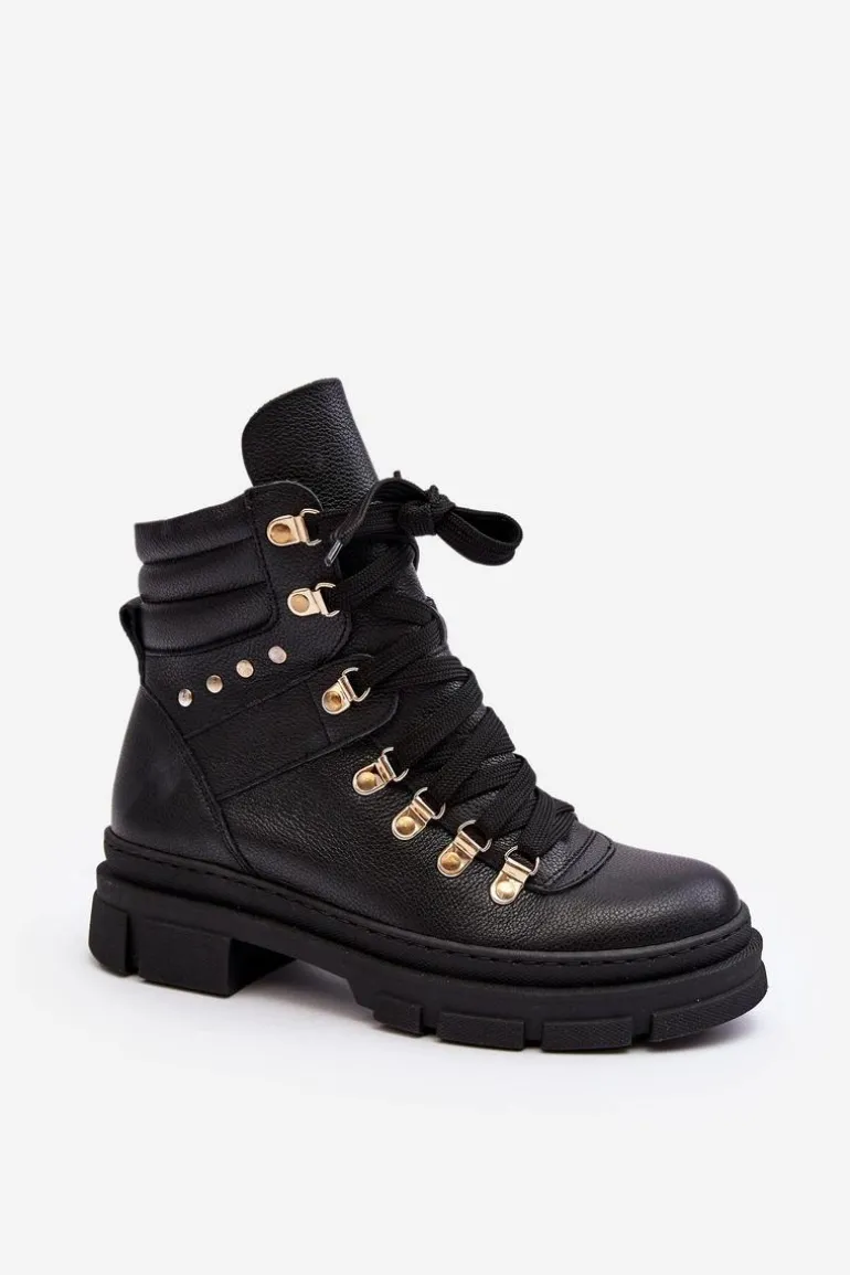 Damskie Skórzane Trapery Botki Sznurowane Zazoo K01 Czarne