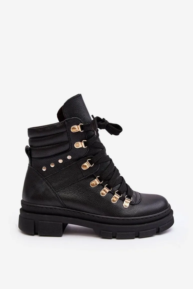 Damskie Skórzane Trapery Botki Sznurowane Zazoo K01 Czarne