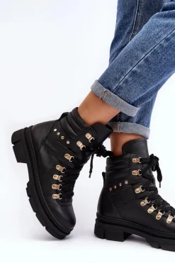 Damskie Skórzane Trapery Botki Sznurowane Zazoo K01 Czarne