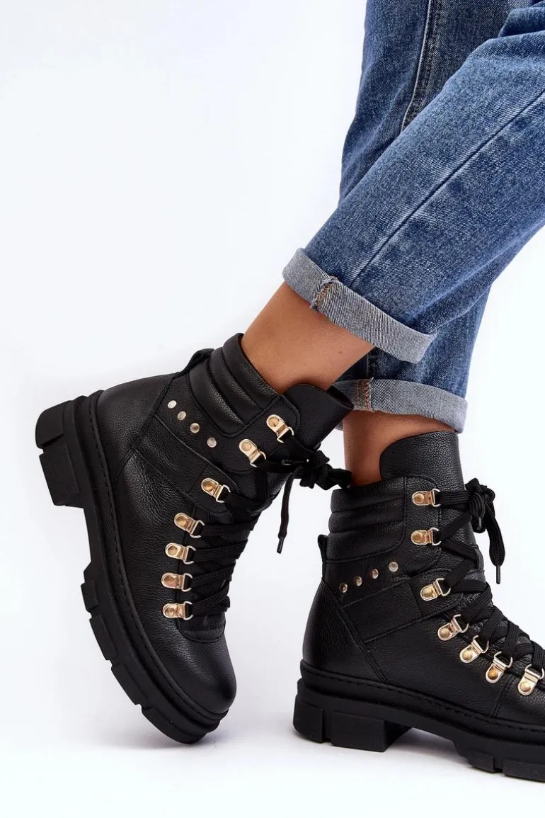Damskie Skórzane Trapery Botki Sznurowane Zazoo K01 Czarne
