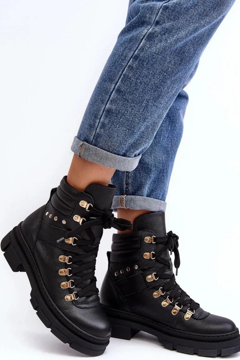 Damskie Skórzane Trapery Botki Sznurowane Zazoo K01 Czarne