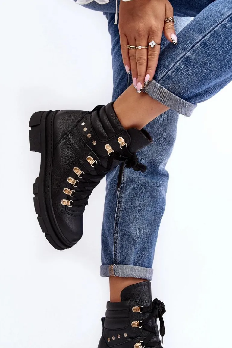 Damskie Skórzane Trapery Botki Sznurowane Zazoo K01 Czarne