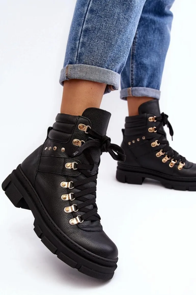 Damskie Skórzane Trapery Botki Sznurowane Zazoo K01 Czarne
