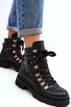 Damskie Skórzane Trapery Botki Sznurowane Zazoo K01 Czarne