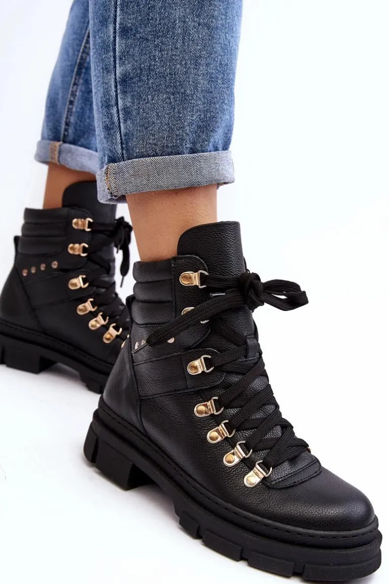 Damskie Skórzane Trapery Botki Sznurowane Zazoo K01 Czarne