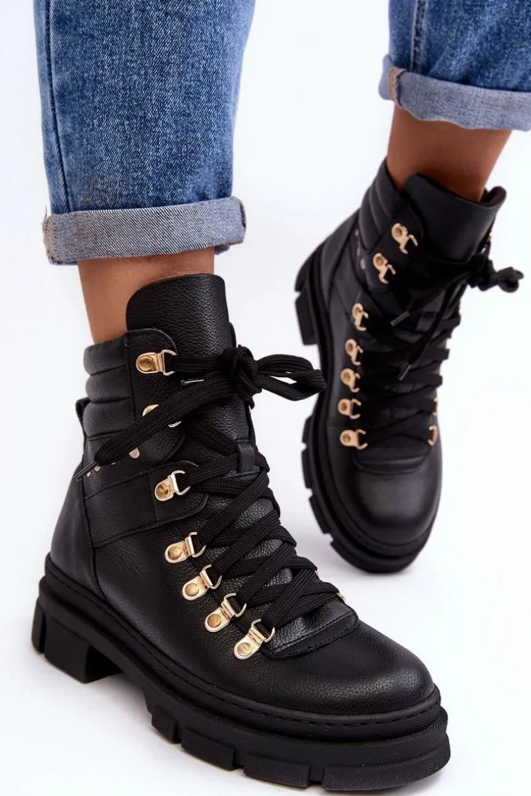 Damskie Skórzane Trapery Botki Sznurowane Zazoo K01 Czarne