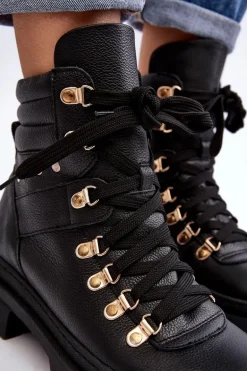 Damskie Skórzane Trapery Botki Sznurowane Zazoo K01 Czarne