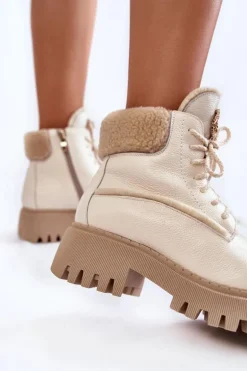 Damskie Skórzane Trapery Botki Jasnobeżowe Lemar Vergo