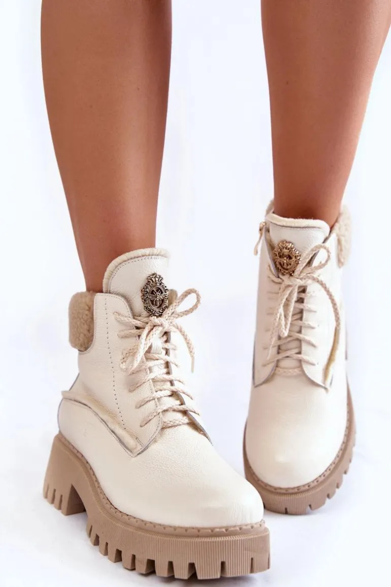 Damskie Skórzane Trapery Botki Jasnobeżowe Lemar Vergo