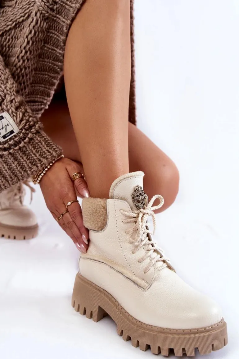 Damskie Skórzane Trapery Botki Jasnobeżowe Lemar Vergo