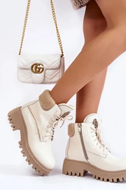 Damskie Skórzane Trapery Botki Jasnobeżowe Lemar Vergo