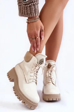 Damskie Skórzane Trapery Botki Jasnobeżowe Lemar Vergo