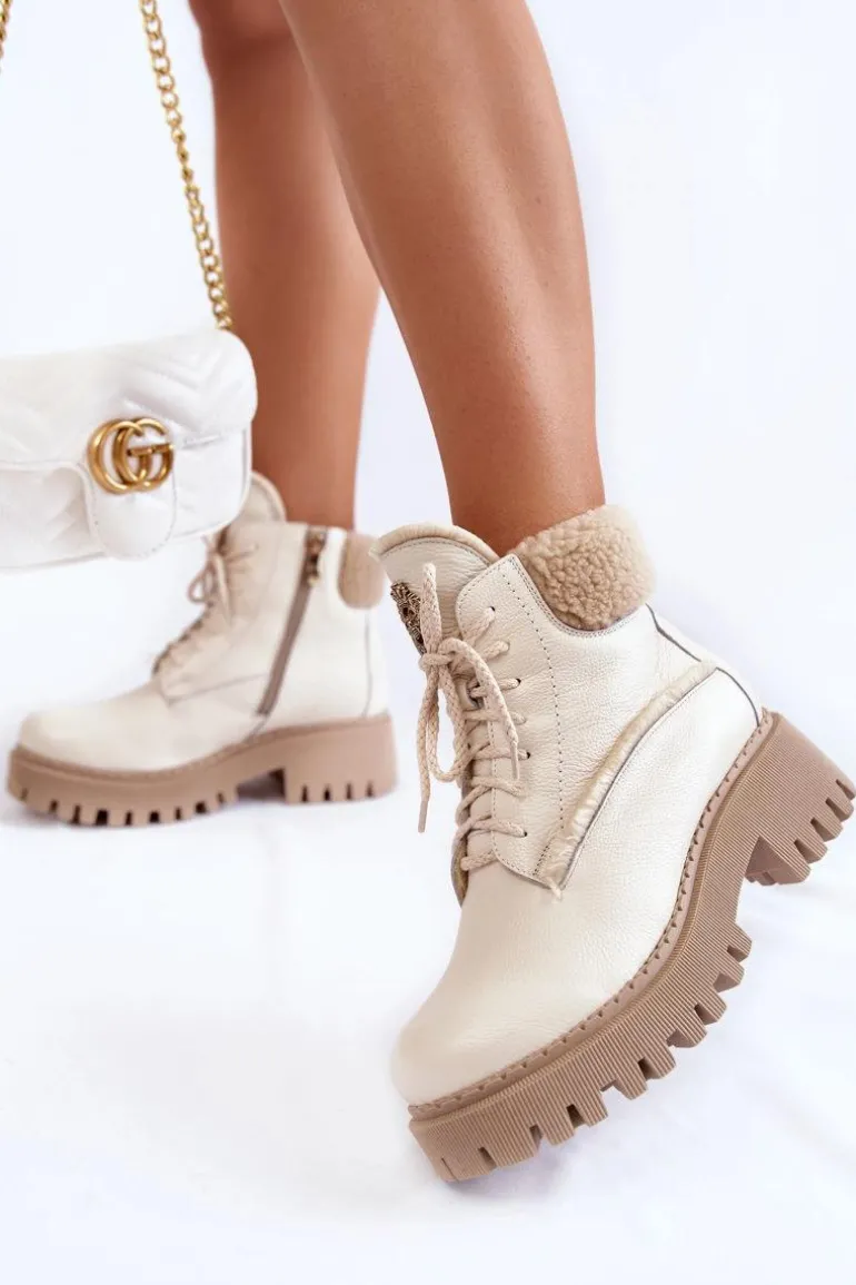 Damskie Skórzane Trapery Botki Jasnobeżowe Lemar Vergo